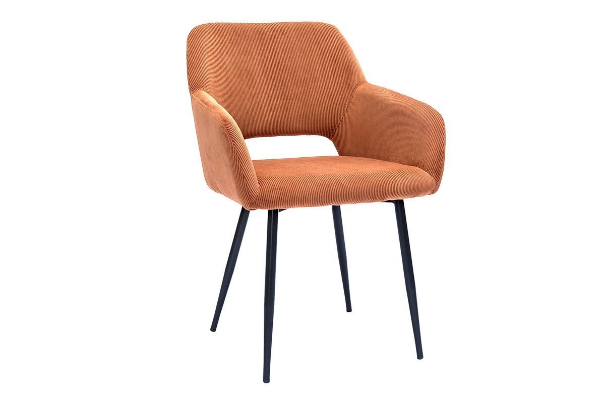 Chaise en velours c�tel� terre br�l�e avec pieds en m�tal noir, vue de 3/4.