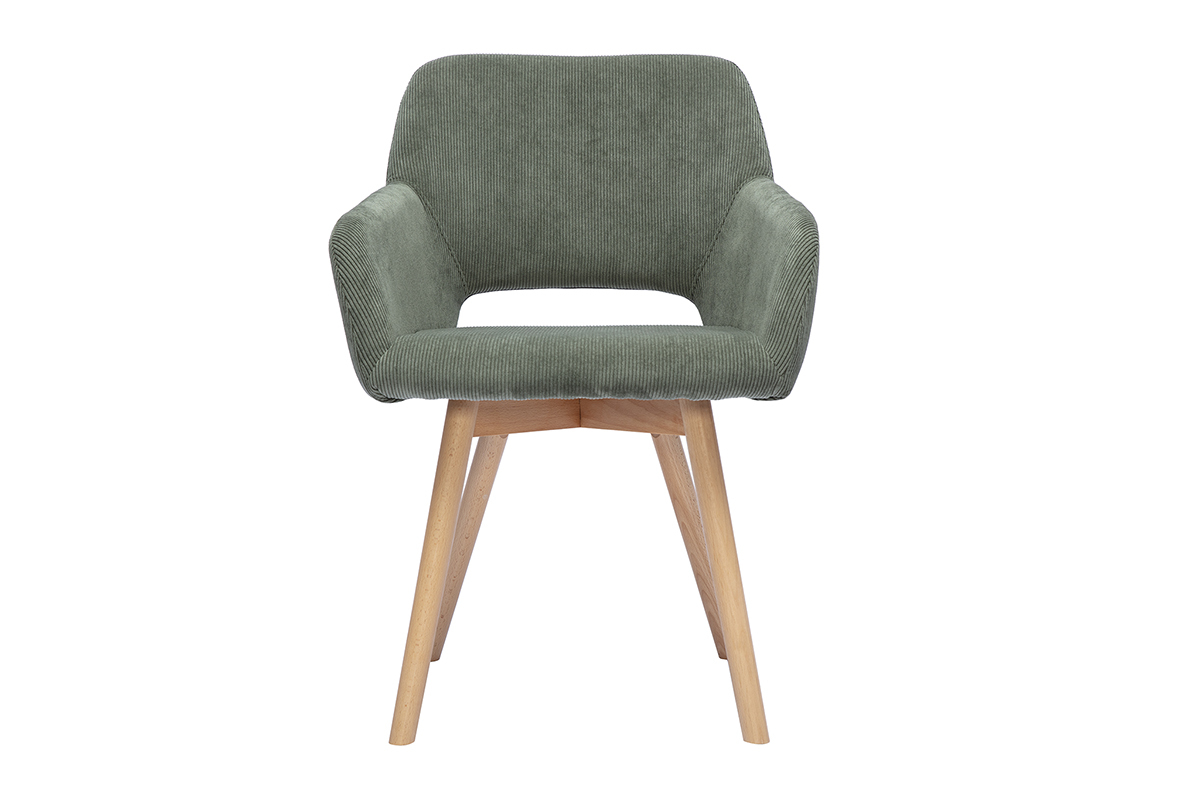 Chaise en tissu velours c�tel� vert kaki et bois clair, vue de face