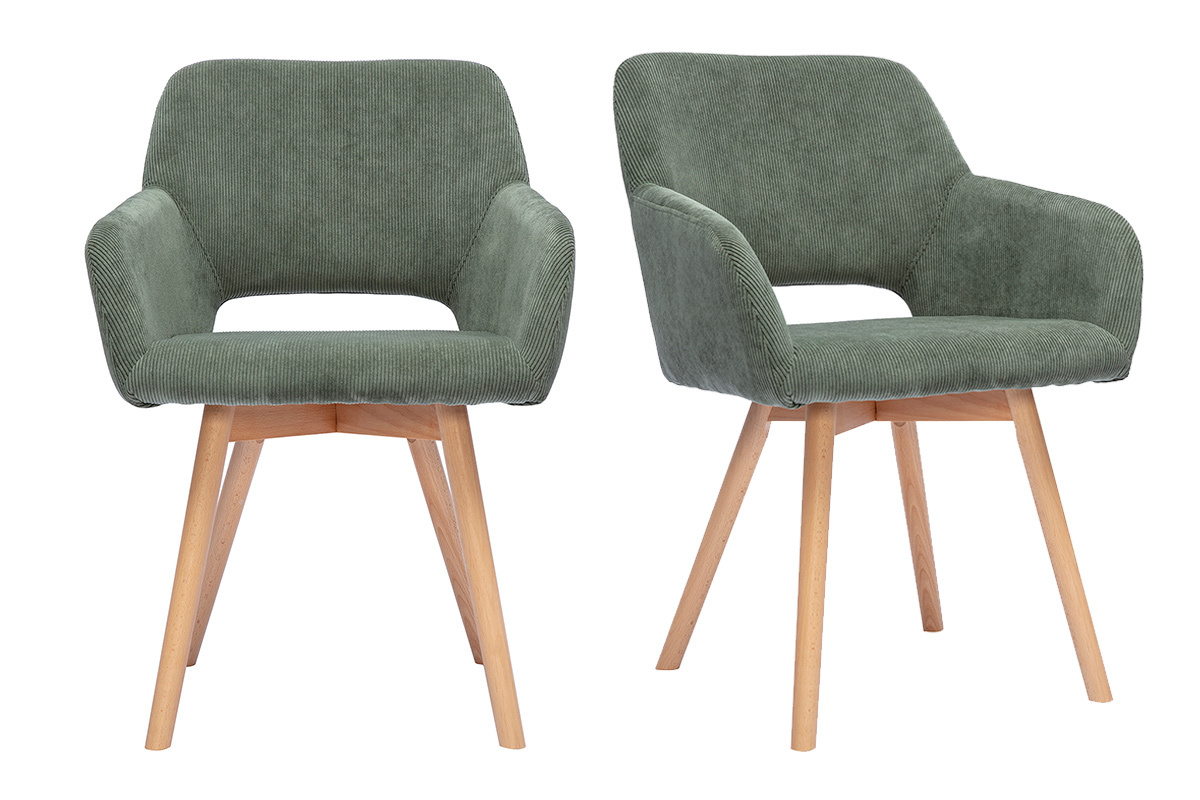 Lot de 2 chaises en tissu velours c�tel� vert kaki et bois clair, vue de face.
