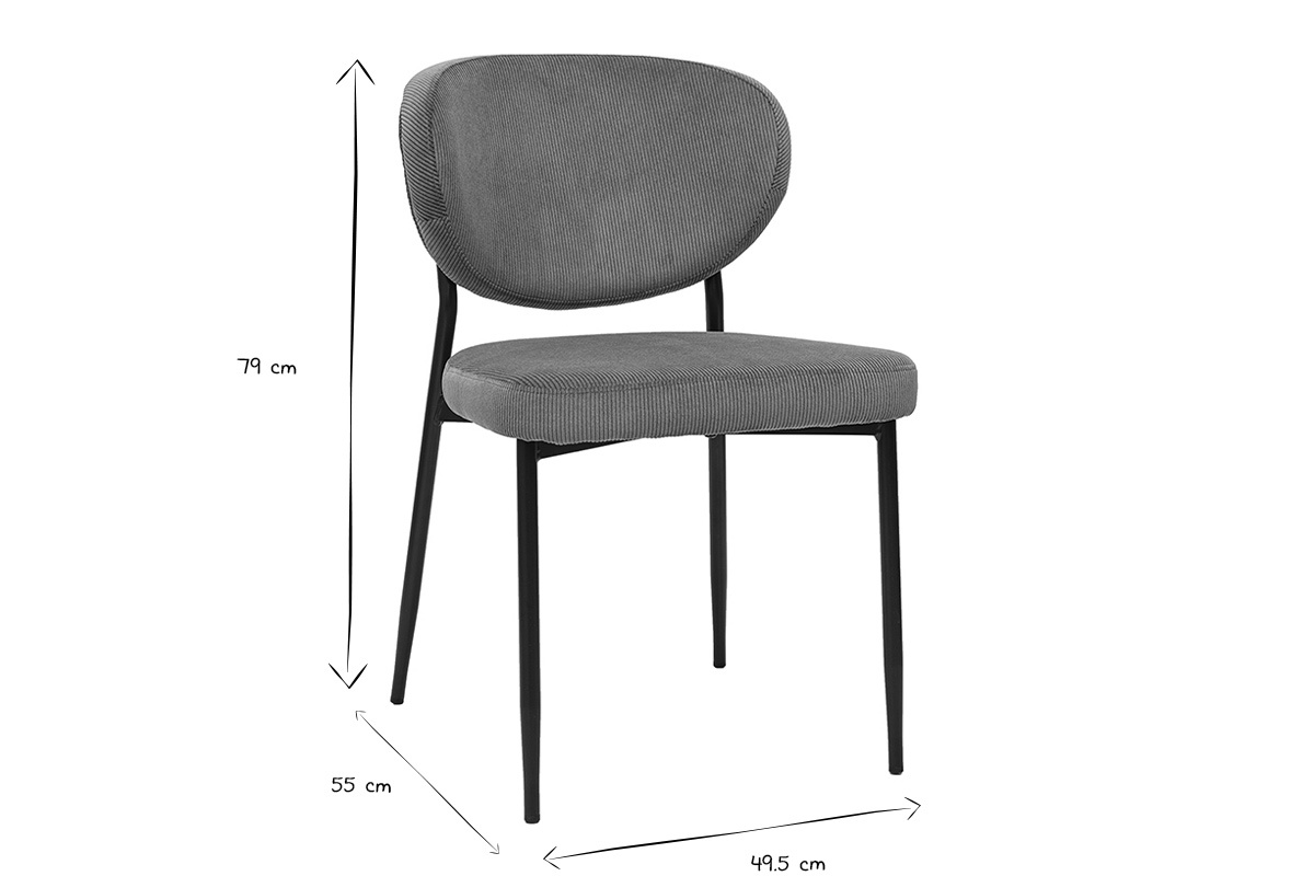 Chaises en tissu velours c�tel� vert kaki et m�tal noir, dimensions L49,5 x P55 x H79 cm