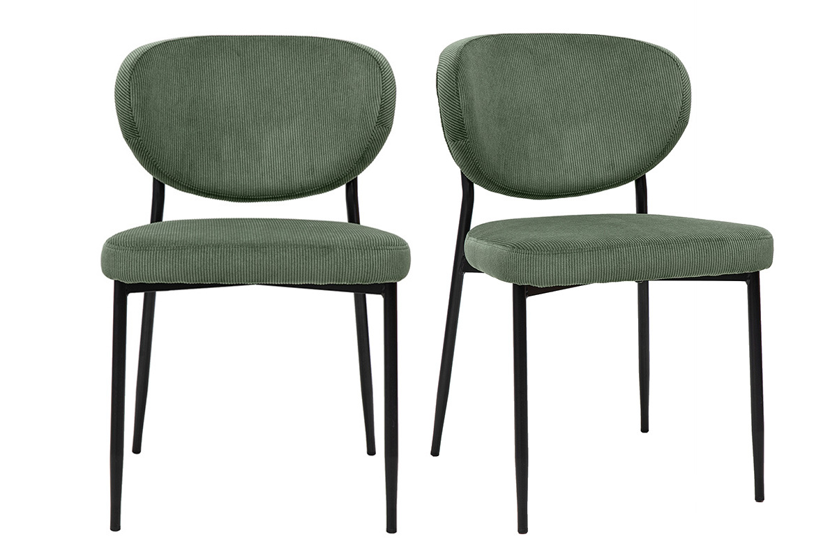 Chaises en tissu velours c�tel� vert kaki avec pi�tement en m�tal noir, lot de 2, mod�le BREKA.