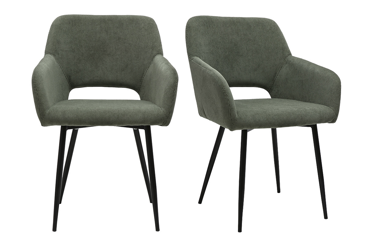 Chaises en tissu velours c�tel� vert kaki et m�tal noir (lot de 2) LAURETTE