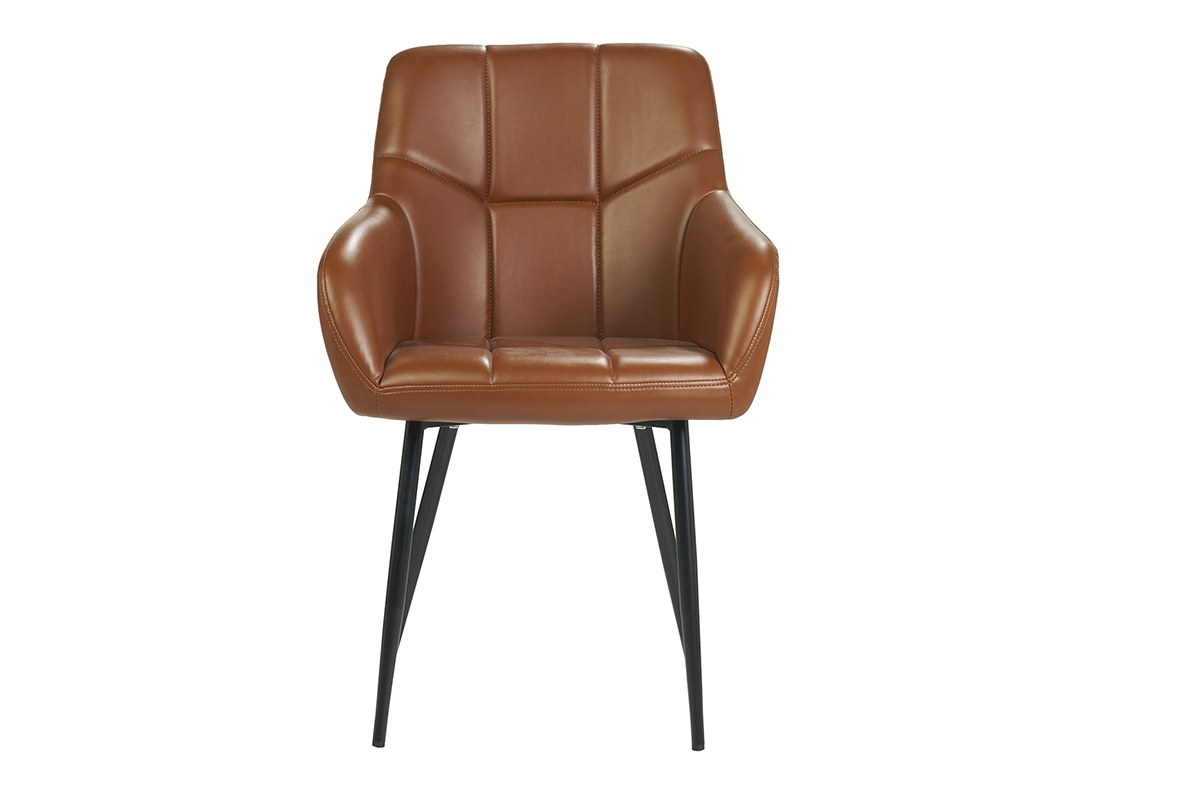 Chaise matelass�e marron, pied en m�tal noir, vue de face.