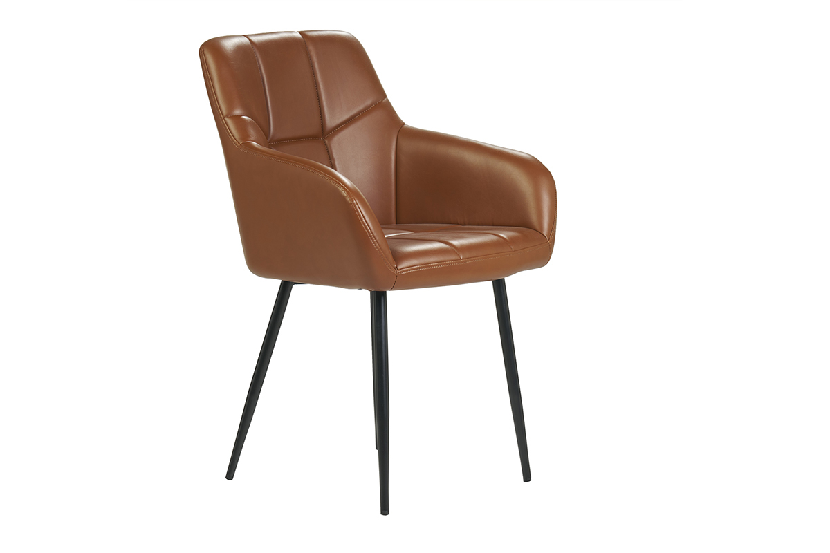 Chaise matelass�e marron avec pieds en m�tal noir, vue de 3/4.