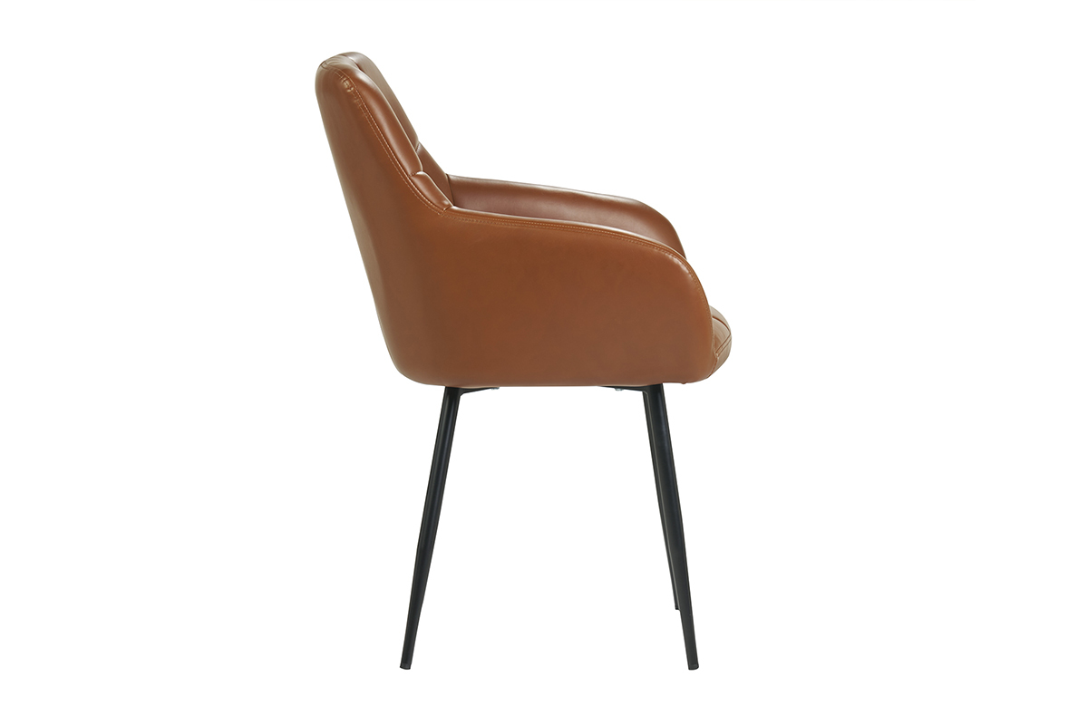 Chaise matelass�e marron avec pieds en m�tal noir, vue de profil.