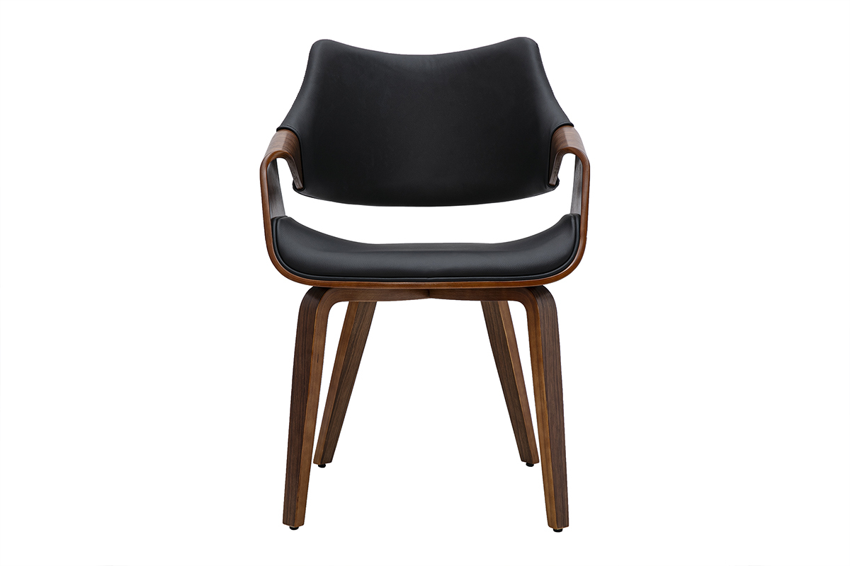 Chaise SEVAN noire avec accoudoirs et structure en bois fonc� noyer, vue de face.