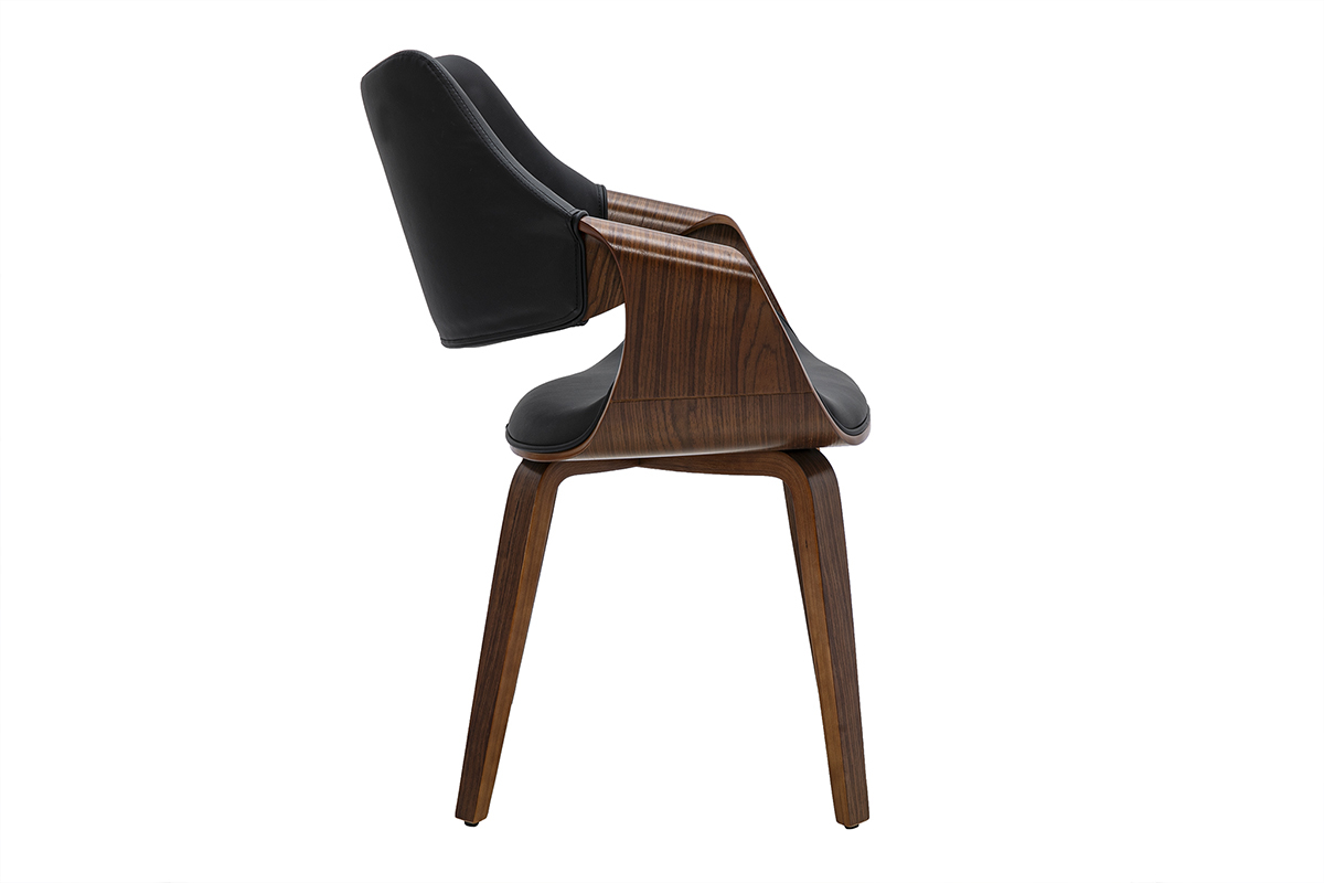 Chaise SEVAN en profil, dot�e d'un rev�tement en polyur�thane noir et d'une structure en bois de noyer