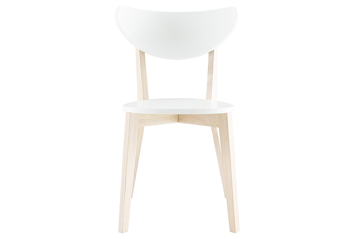 Chaise scandinave LEENA blanche et bois clair, vue de face, design �pur� et courb�.