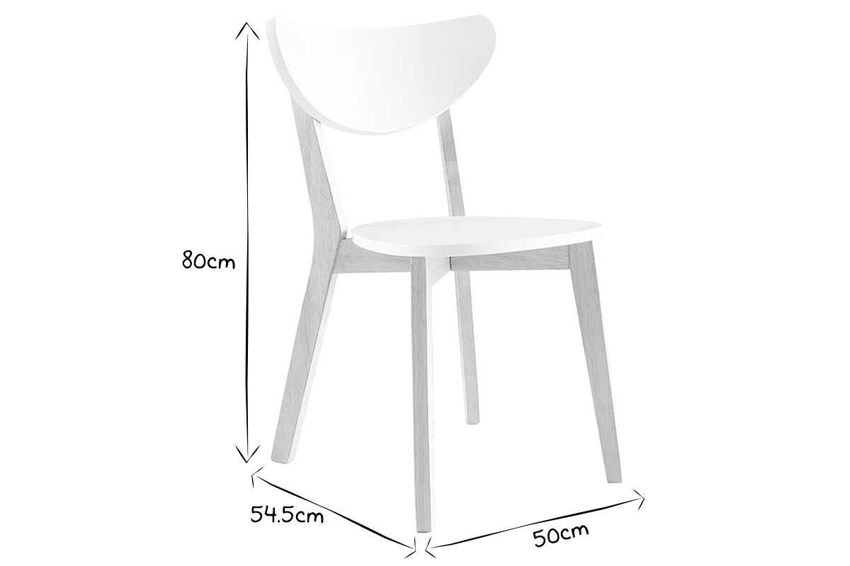 Dimensions des chaises scandinaves LEENA : 80 cm de hauteur, 50 cm de largeur, 54.5 cm de profondeur en noir et blanc.