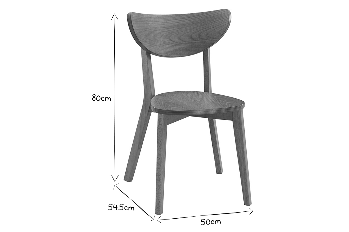 Dimensions de la chaise scandinave LEENA en noir et blanc, hauteur 80cm, profondeur 50cm, largeur 54.5cm.