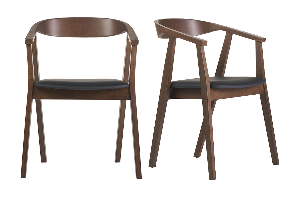 Chaises scandinaves noir et bois fonc� avec accoudoirs, vue de face et de c�t�.