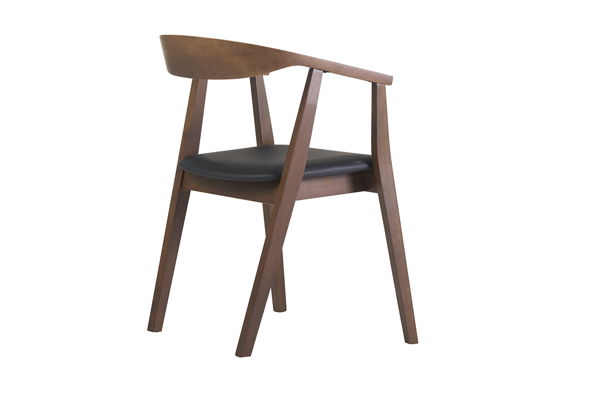 Chaise scandinave en bois fonc� vue de 3/4, assise noire et dossier circulaire.