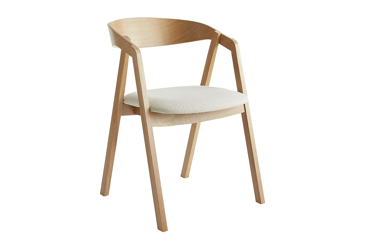 Chaises scandinaves empilables en bois clair ch�ne et tissu effet laine boucl�e blanc cass� (lot de 2) LOVA