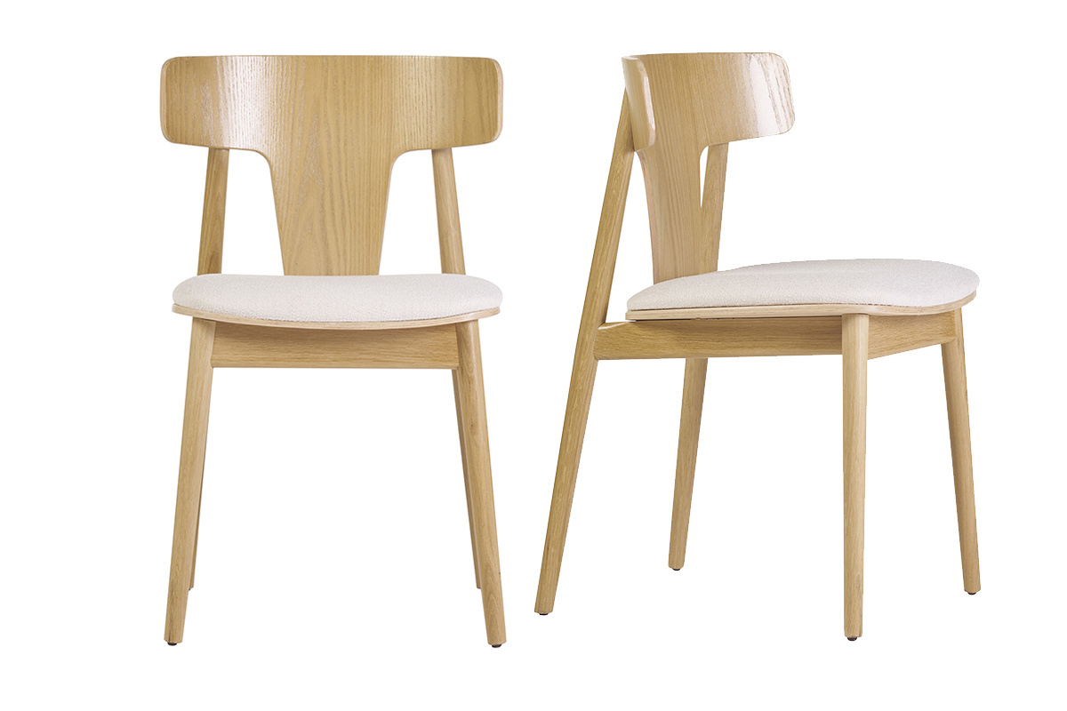 Chaises scandinaves en bois clair ch�ne massif et tissu effet laine boucl�e blanc cass� (lot de 2) LOUISA