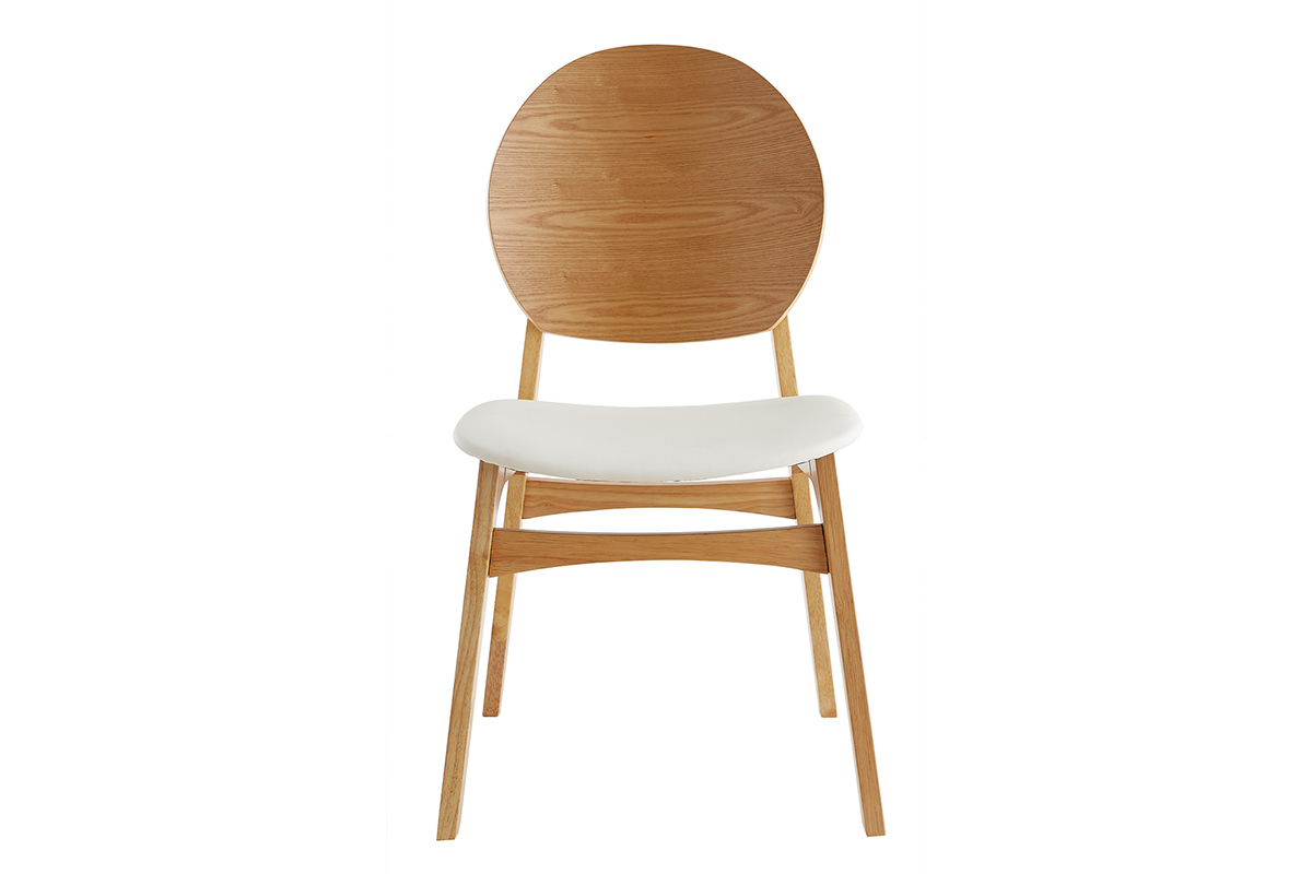 Chaise scandinave en bois clair et assise blanche vue de face.
