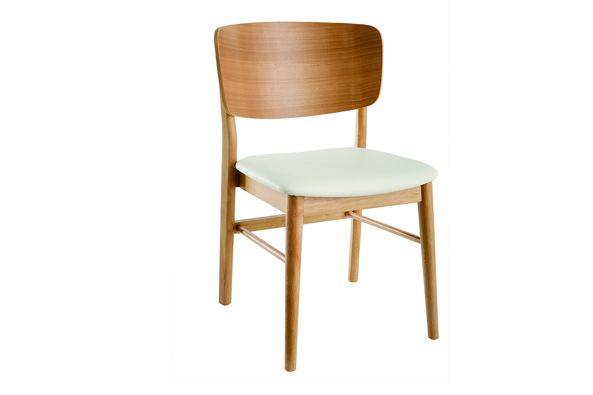 Chaise scandinave en bois clair et assise blanche, vue de 3/4.