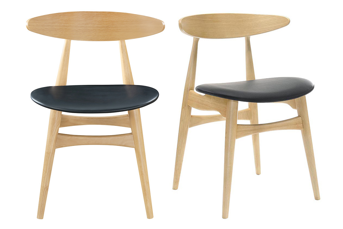 Deux chaises WALFORD en bois clair avec assise noire, design scandinave et japandi, vue de face.
