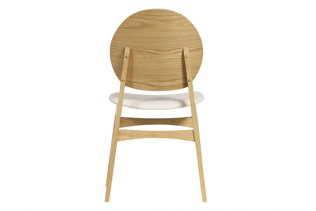 Chaise scandinave en bois clair avec assise en tissu effet laine boucl�e blanc, vue de dos.