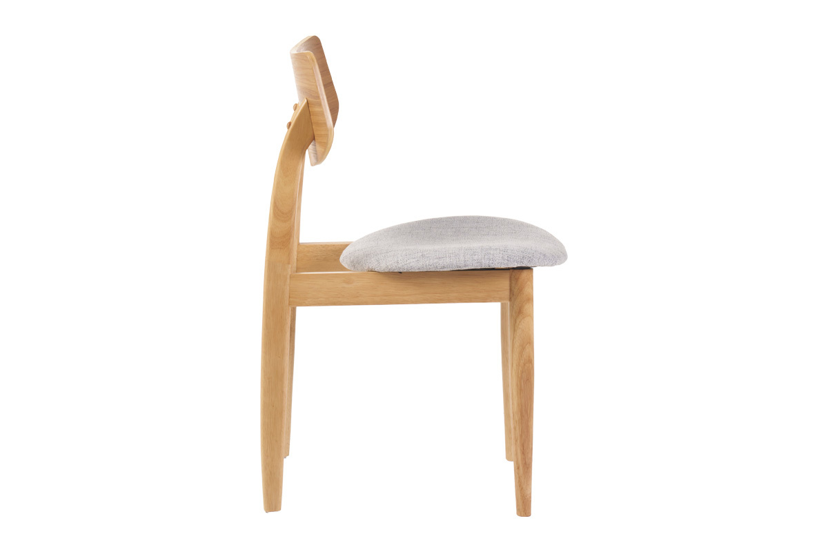 Chaise scandinave en bois clair et tissu gris, vue de profil.