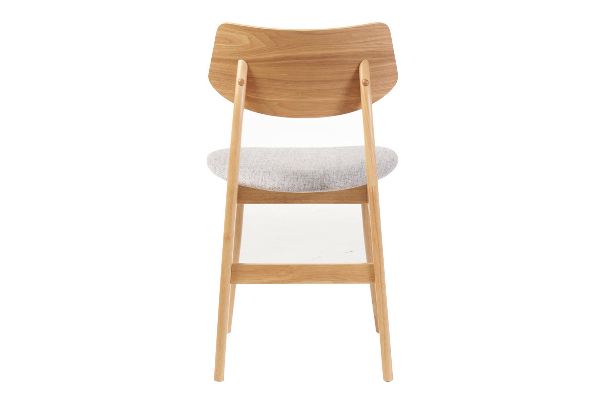 Chaise scandinave en bois clair avec dossier et assise en tissu gris, vue de dos.