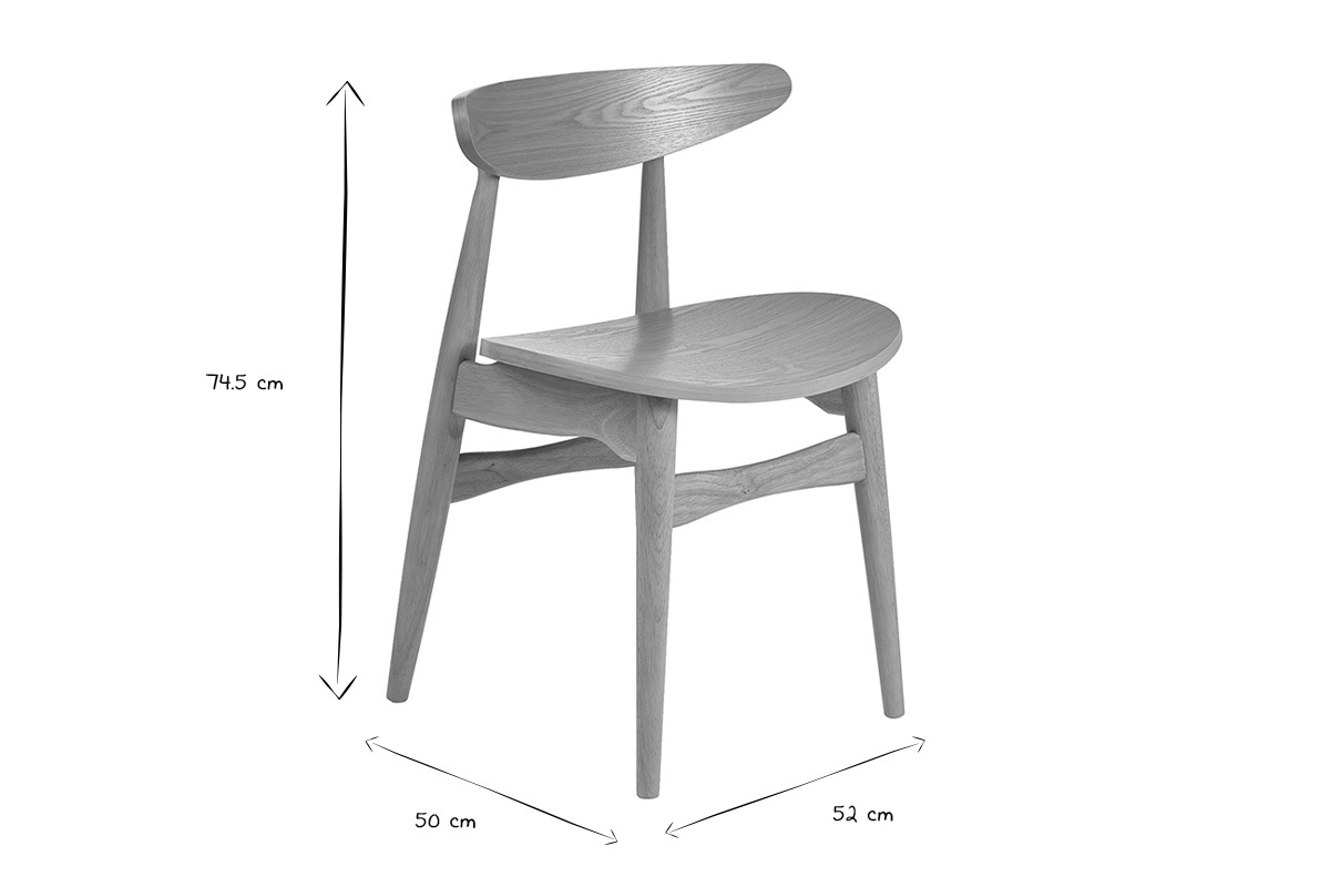 Dimensions des chaises scandinaves en bois clair WALFORD : hauteur 74,5 cm, largeur 50 cm, profondeur 52 cm.