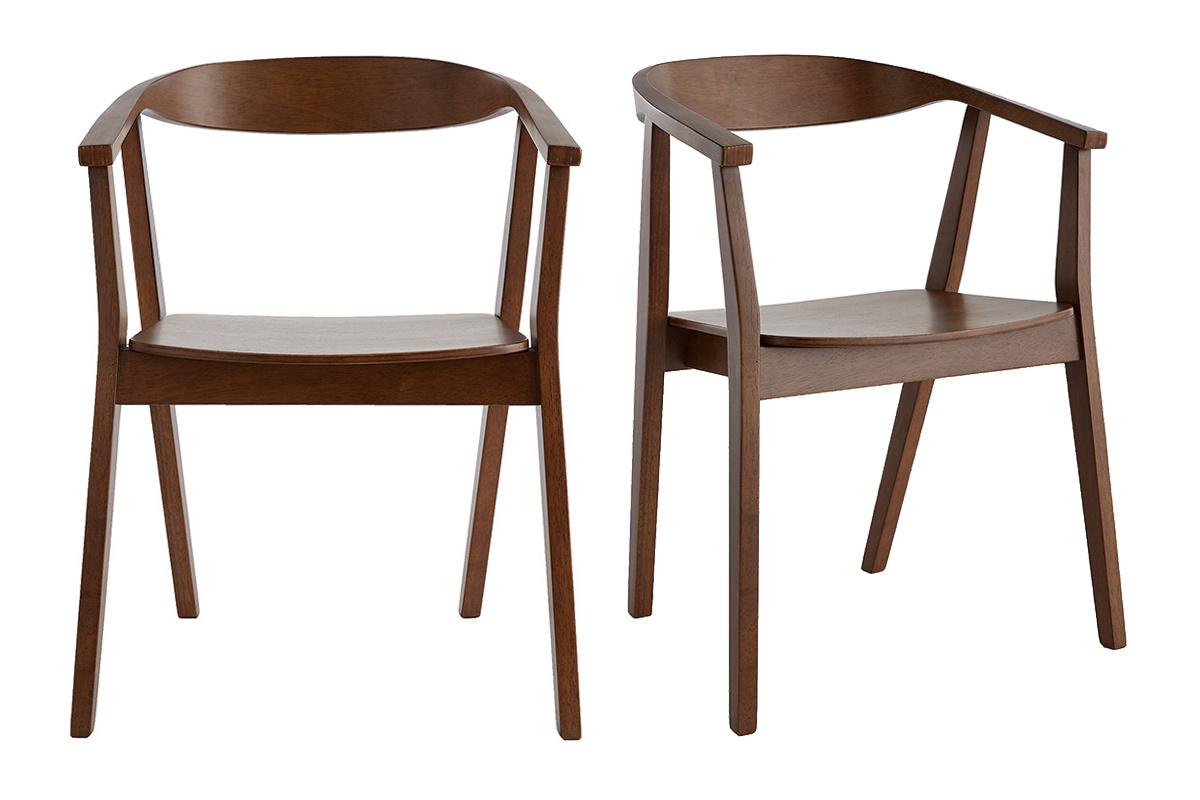 Lot de 2 chaises scandinaves en bois fonc�, vue de face, design r�tro avec accoudoirs.