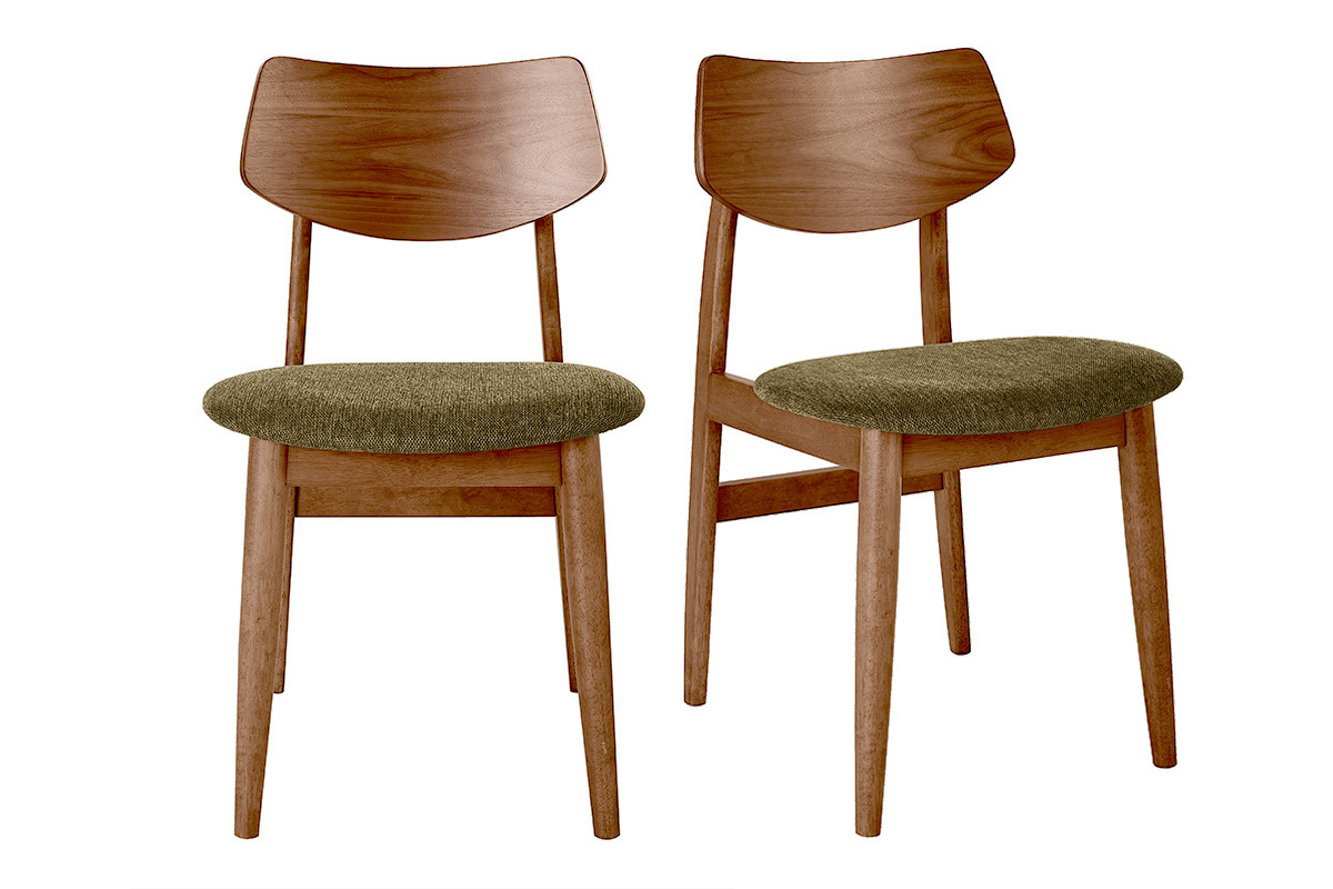 Lot de 2 chaises scandinaves en bois fonc� et tissu vert kaki, vue de face.