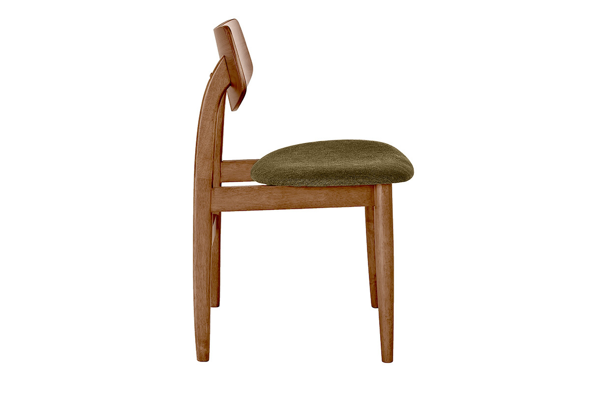 Chaise scandinave en bois et tissu vert kaki, vue de profil
