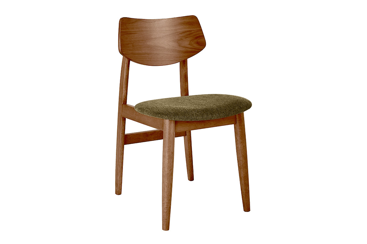 Chaise scandinave en bois fonc� avec assise en tissu vert kaki, vue de trois quarts.