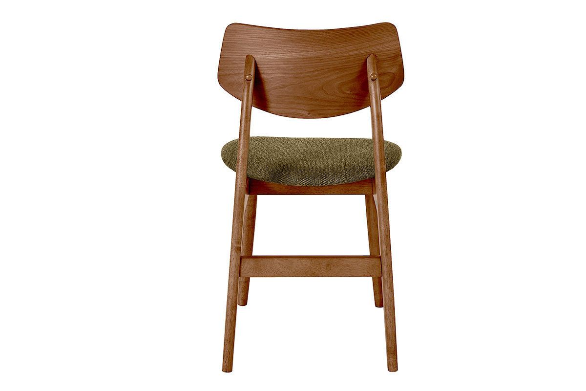 Chaise scandinave en bois fonc� et tissu vert kaki, vue de dos.
