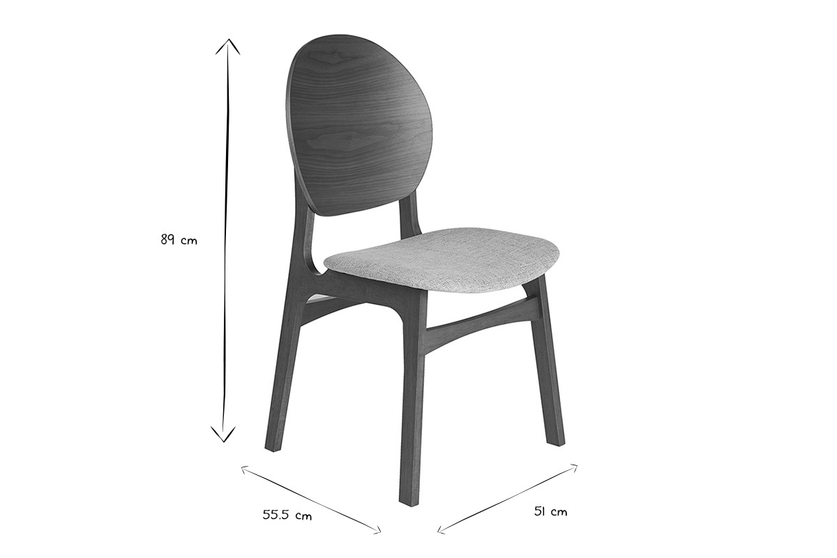 Dimensions des chaises scandinaves ELTON : 89 cm de haut, 55,5 cm de large, 51 cm de profondeur, en noir et blanc.