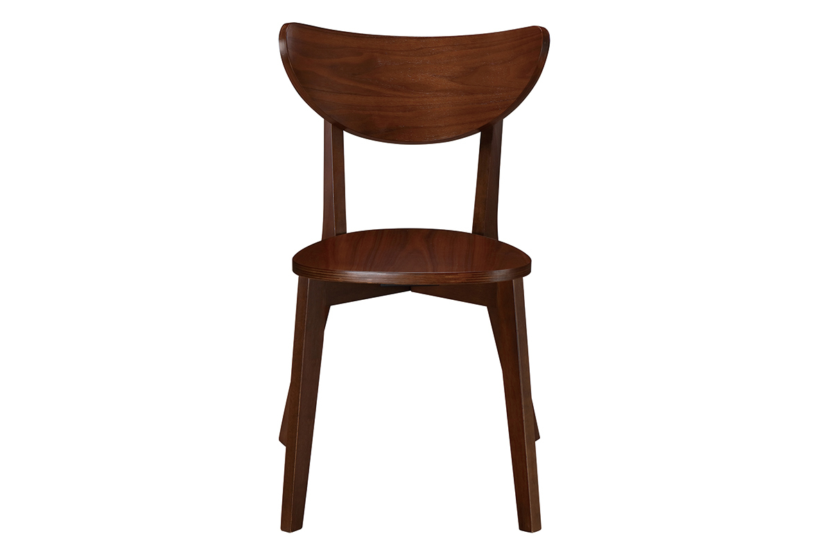Chaise scandinave en bois fonc� noyer, vue de face avec dossier incurv� et assise ronde.