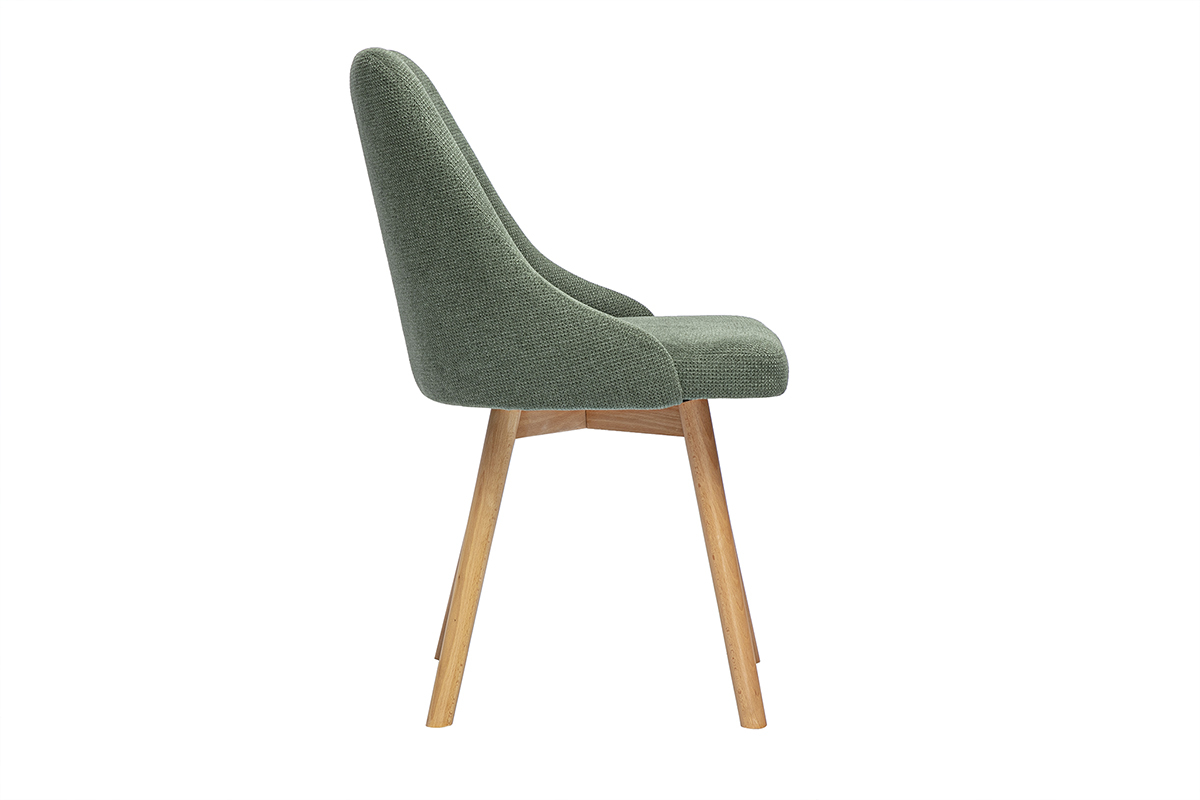 Chaise scandinave vert kaki en tissu textur�, vue de c�t�, pieds en bois clair.