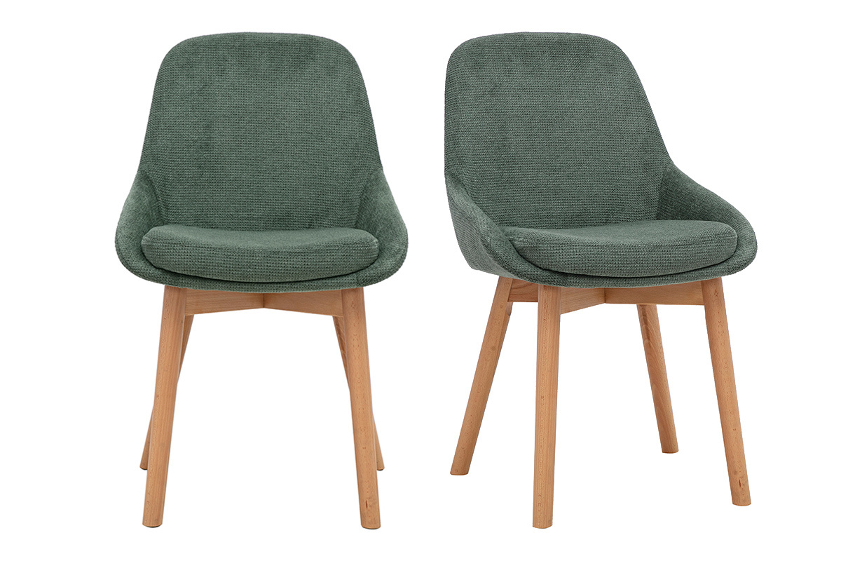 Lot de 2 chaises scandinaves en tissu chenille vert kaki avec pieds en bois clair