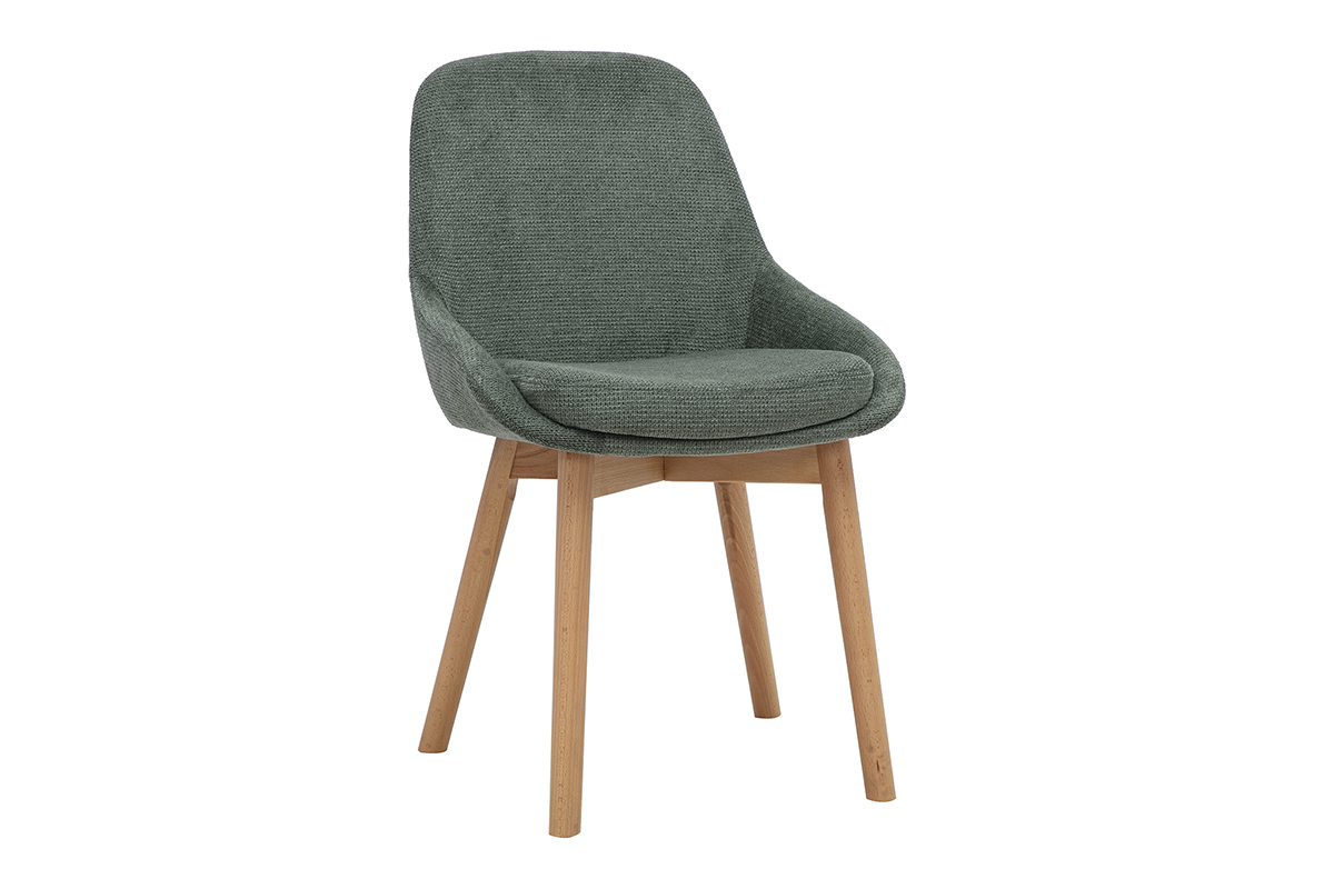 Chaise scandinave en tissu chenille vert kaki avec pi�tement en bois clair, vue de 3/4.