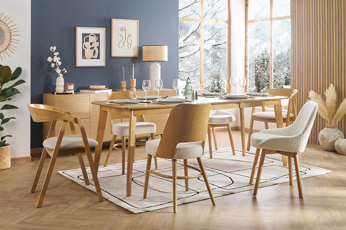 Chaises scandinaves en tissu effet laine boucl�e blanc et bois clair massif (lot de 2) HOLO
