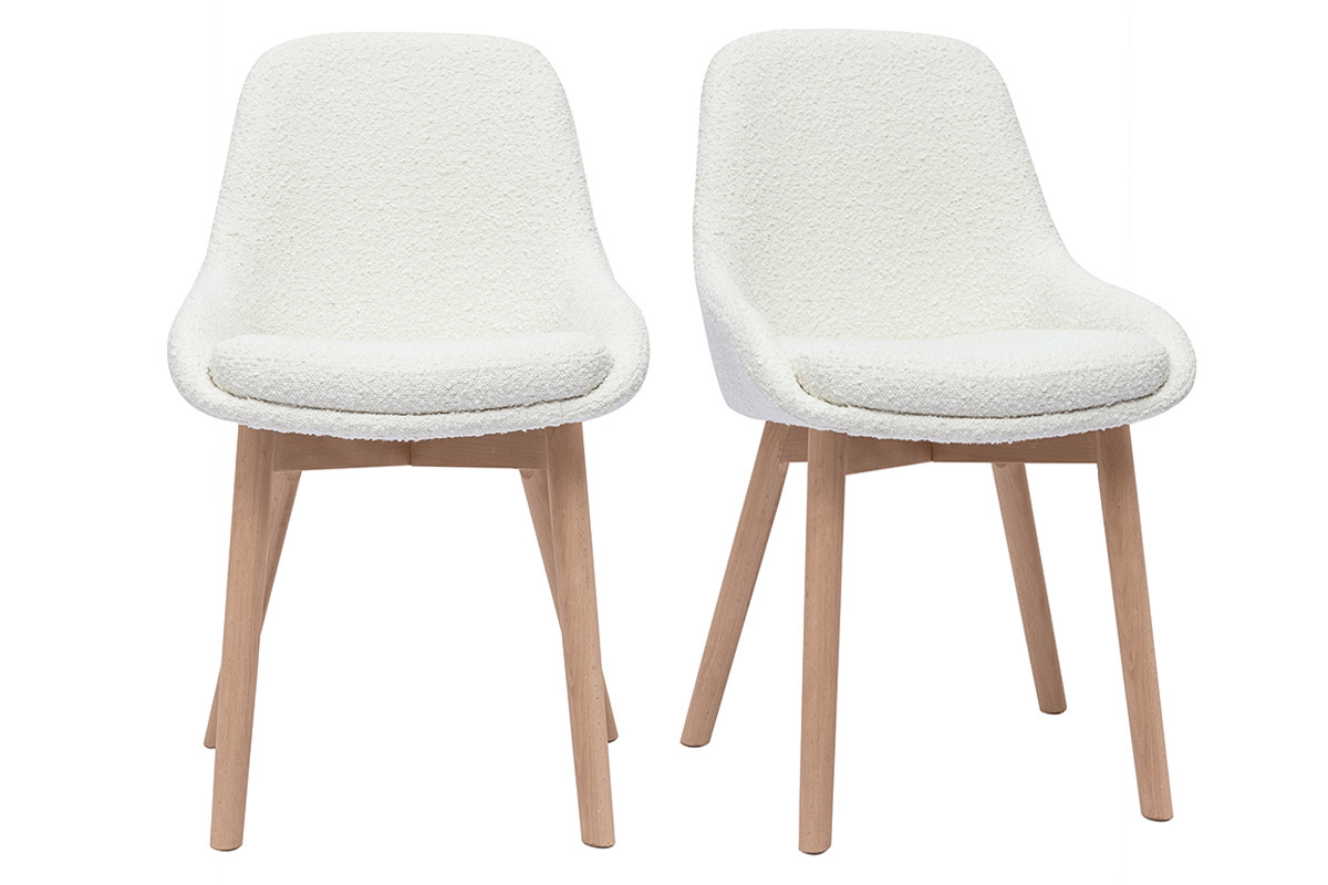 Chaises scandinaves en tissu effet laine boucl�e blanc et bois clair massif (lot de 2) HOLO