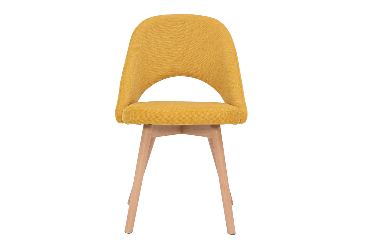Chaise scandinave jaune moutarde avec pi�tement en bois, vue de face.