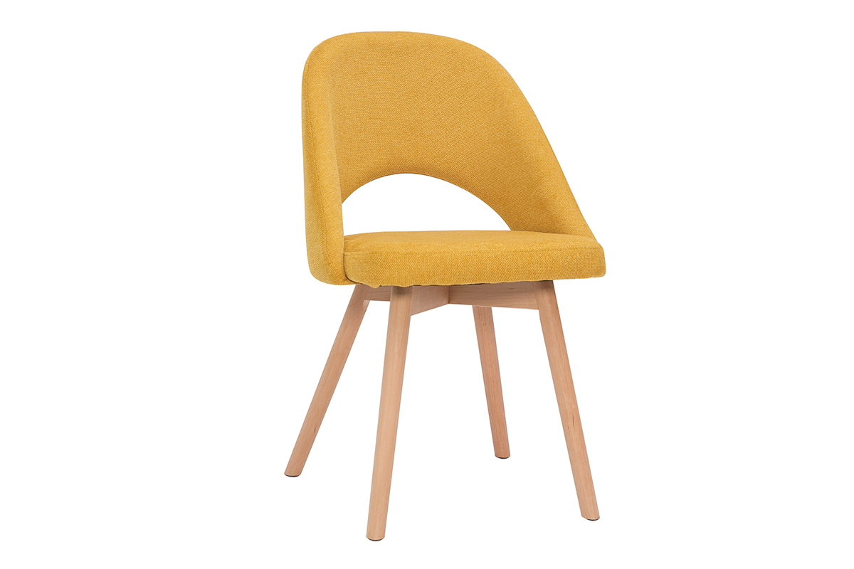 Chaise scandinave jaune moutarde en tissu velours, pi�tement bois clair, vue de 3/4.