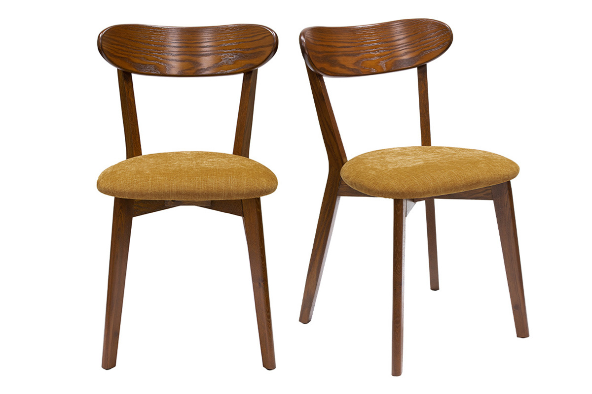 Chaises vintage bois fonc� ch�ne et tissu effet velours jaune moutarde (lot de 2) DOVE
