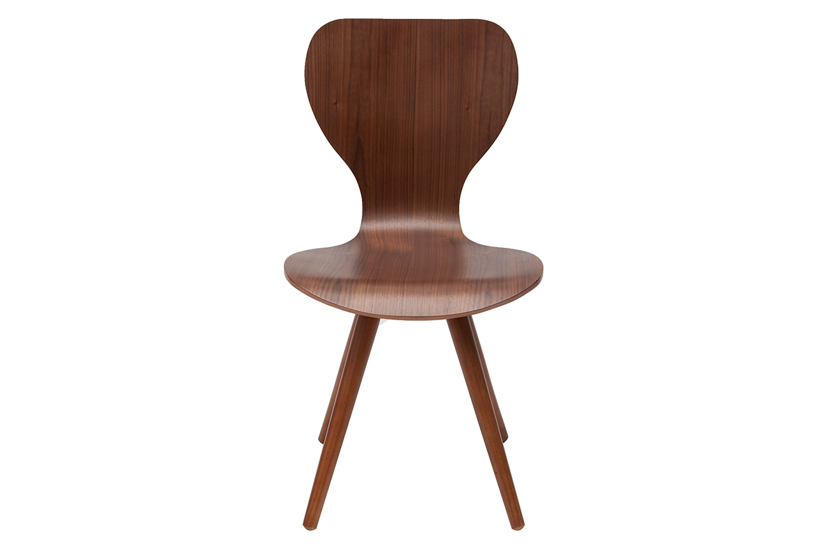 Chaise vintage en bois noyer vue de face, pieds compas.