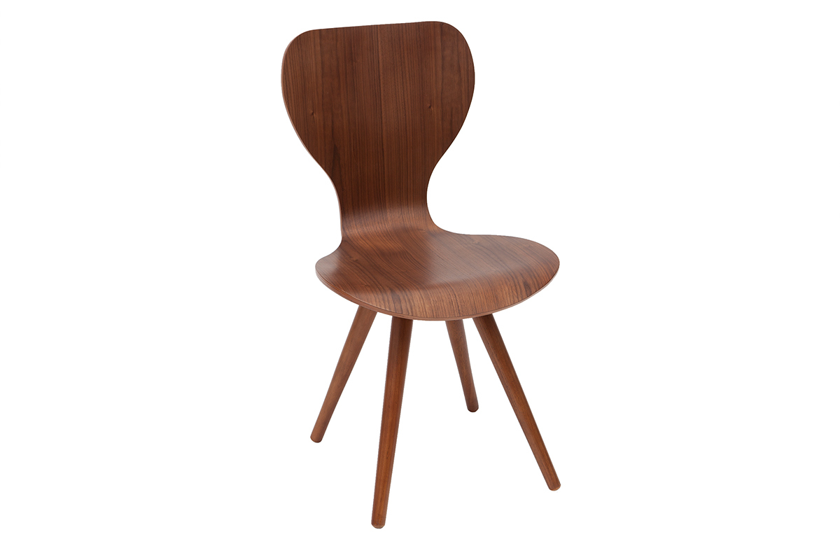 Chaise vintage en bois fonc� noyer avec dossier courb�, vue de trois quarts.