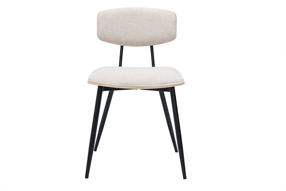 Chaises vintage en bois clair ch�ne assises tissu chenille beige et m�tal noir (lot de 2) JOLINE