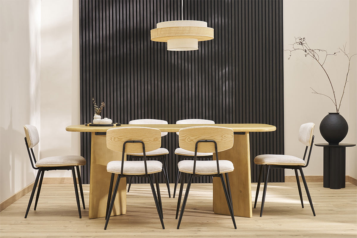 Chaises vintage en bois clair ch�ne assises tissu chenille beige et m�tal noir (lot de 2) JOLINE