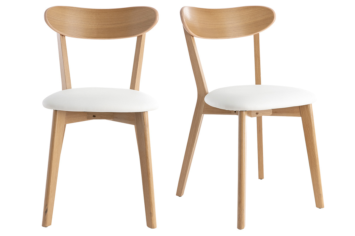 Lot de 2 chaises vintage en bois clair ch�ne et assise blanche, vue de face