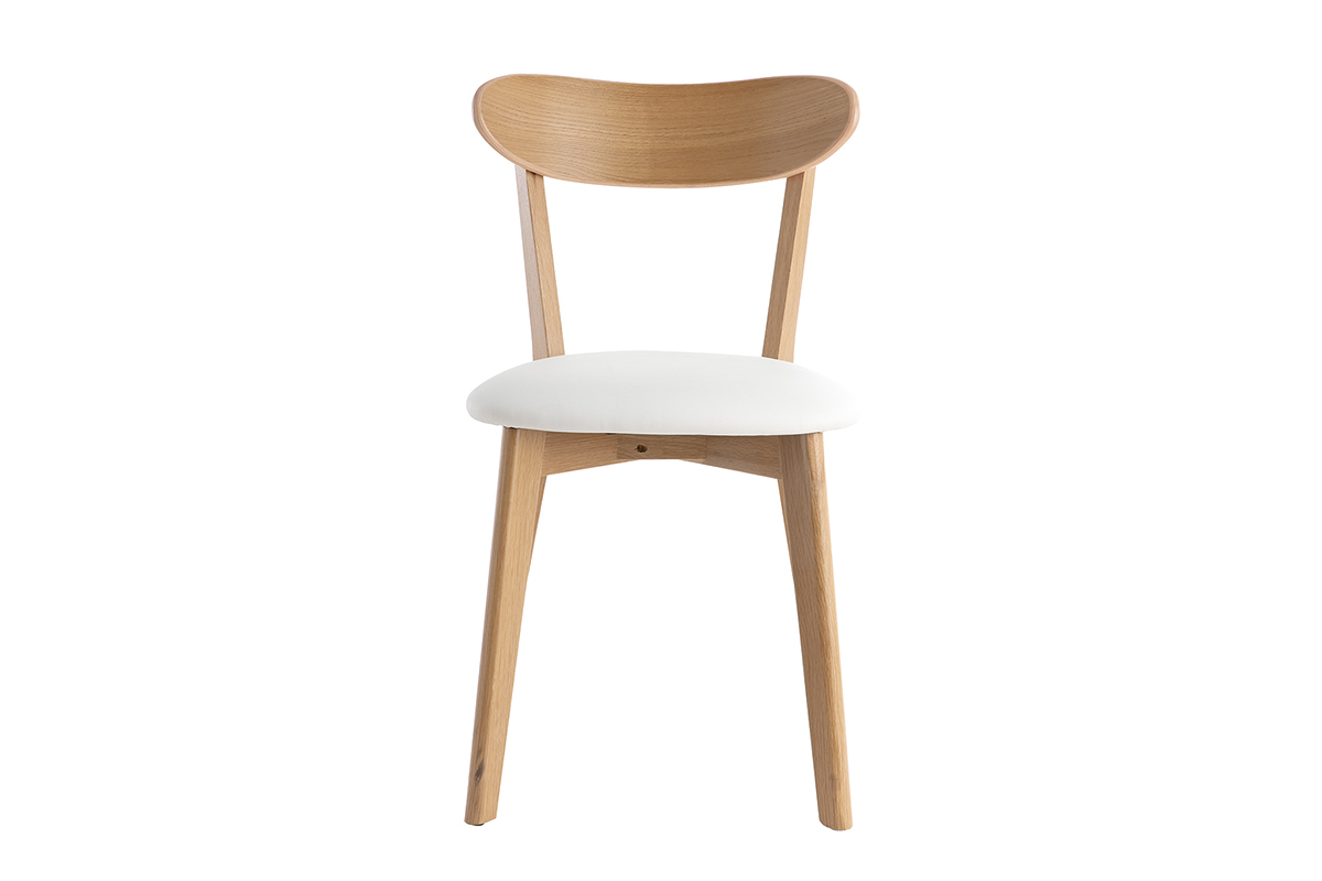 Chaise vintage en bois clair et assise blanche, vue de face