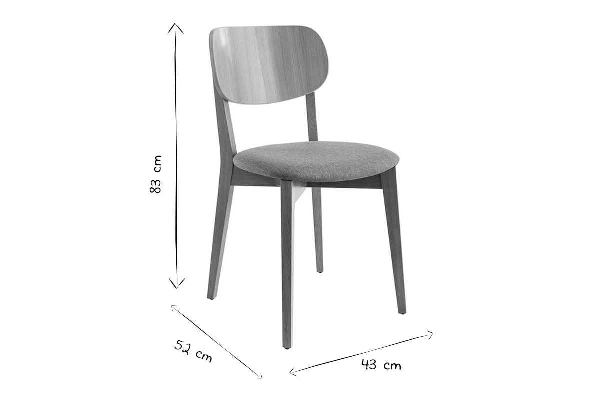 Dimension de la chaise LUCIA en noir et blanc : hauteur 83 cm, profondeur 52 cm, largeur 43 cm.
