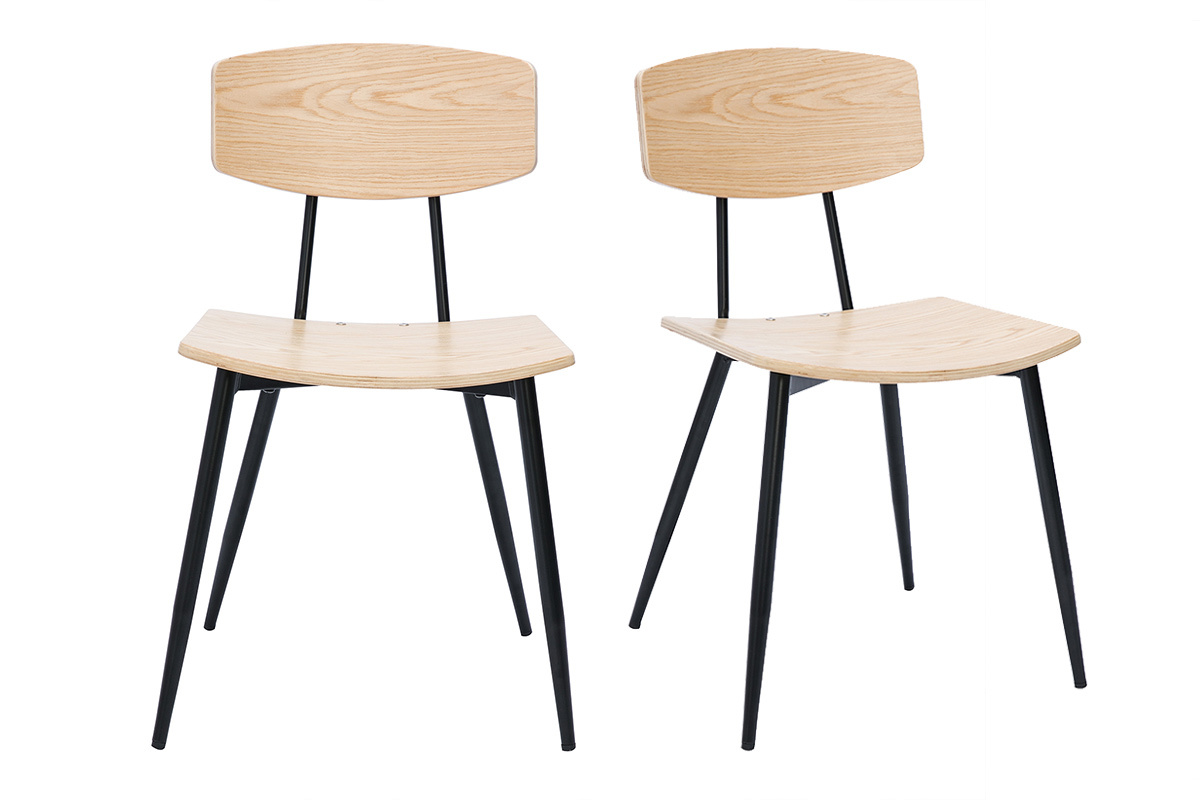 Chaises vintage en bois clair ch�ne et m�tal noir (lot de 2) JOLINE