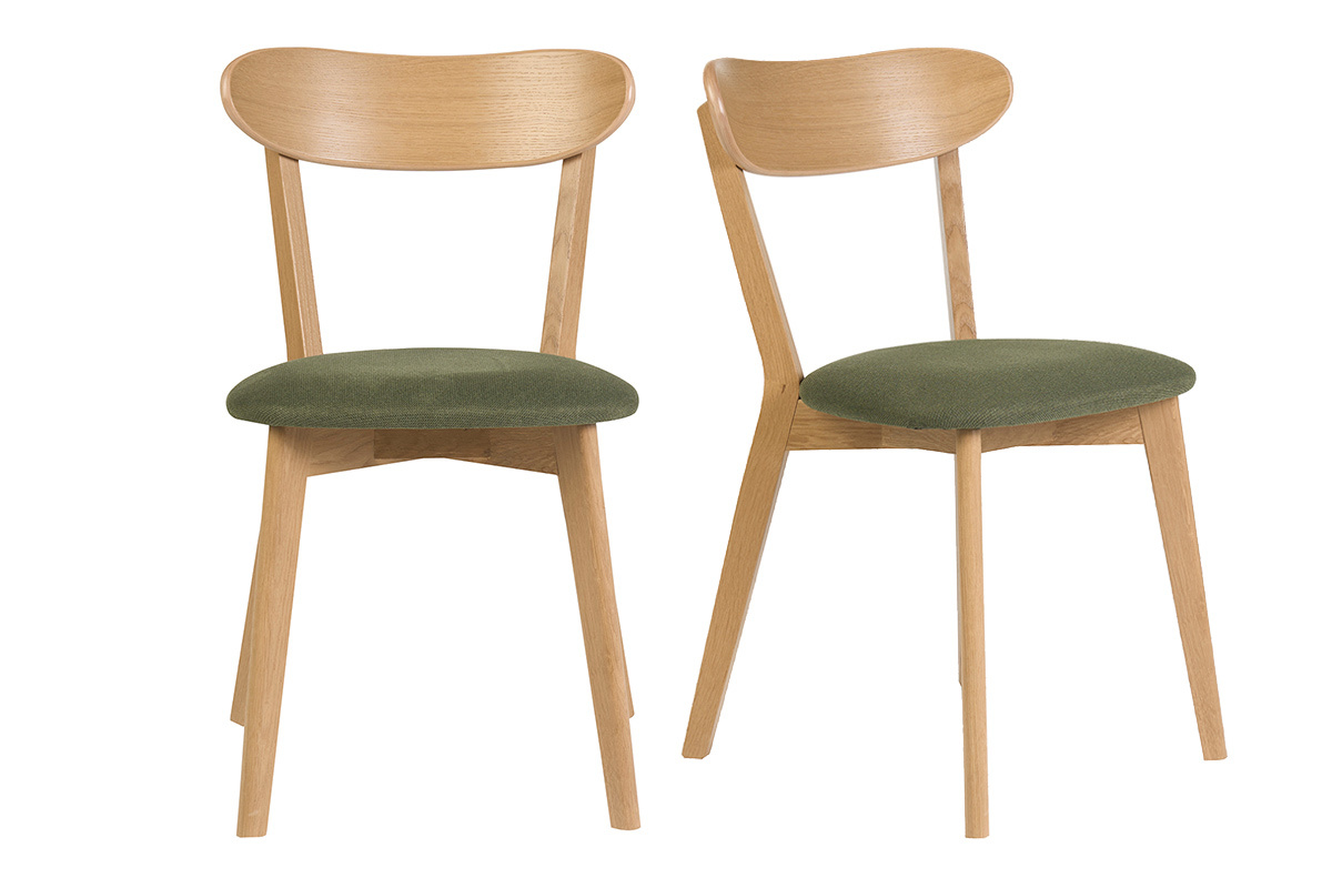 Lot de 2 chaises vintage en bois clair ch�ne et tissu vert kaki, vue de face.