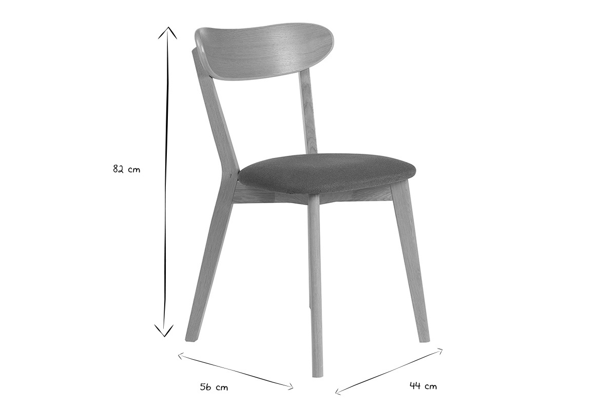 Dimensions de la chaise DOVE en noir et blanc, hauteur 82 cm, profondeur 56 cm, largeur 44 cm.